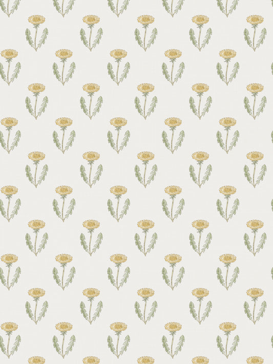 Cream background with a repeating watercolor-style pattern of small yellow flowers and green stems.