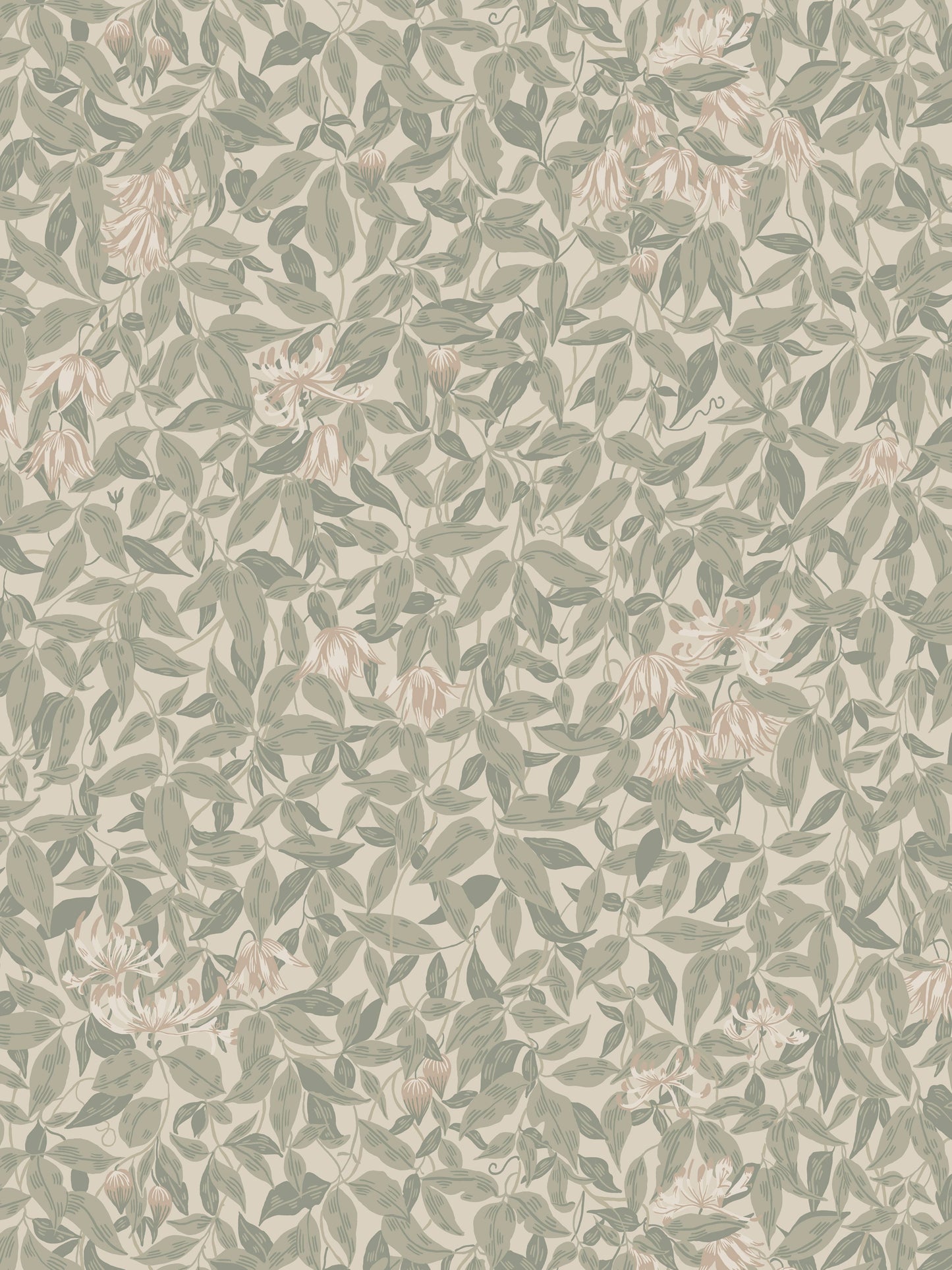 Muted sage-green leaves with pale pink blossoms in a dense botanical wallpaper on beige background.