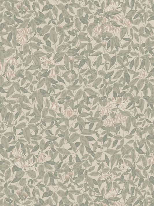 Muted sage-green leaves with pale pink blossoms in a dense botanical wallpaper on beige background.