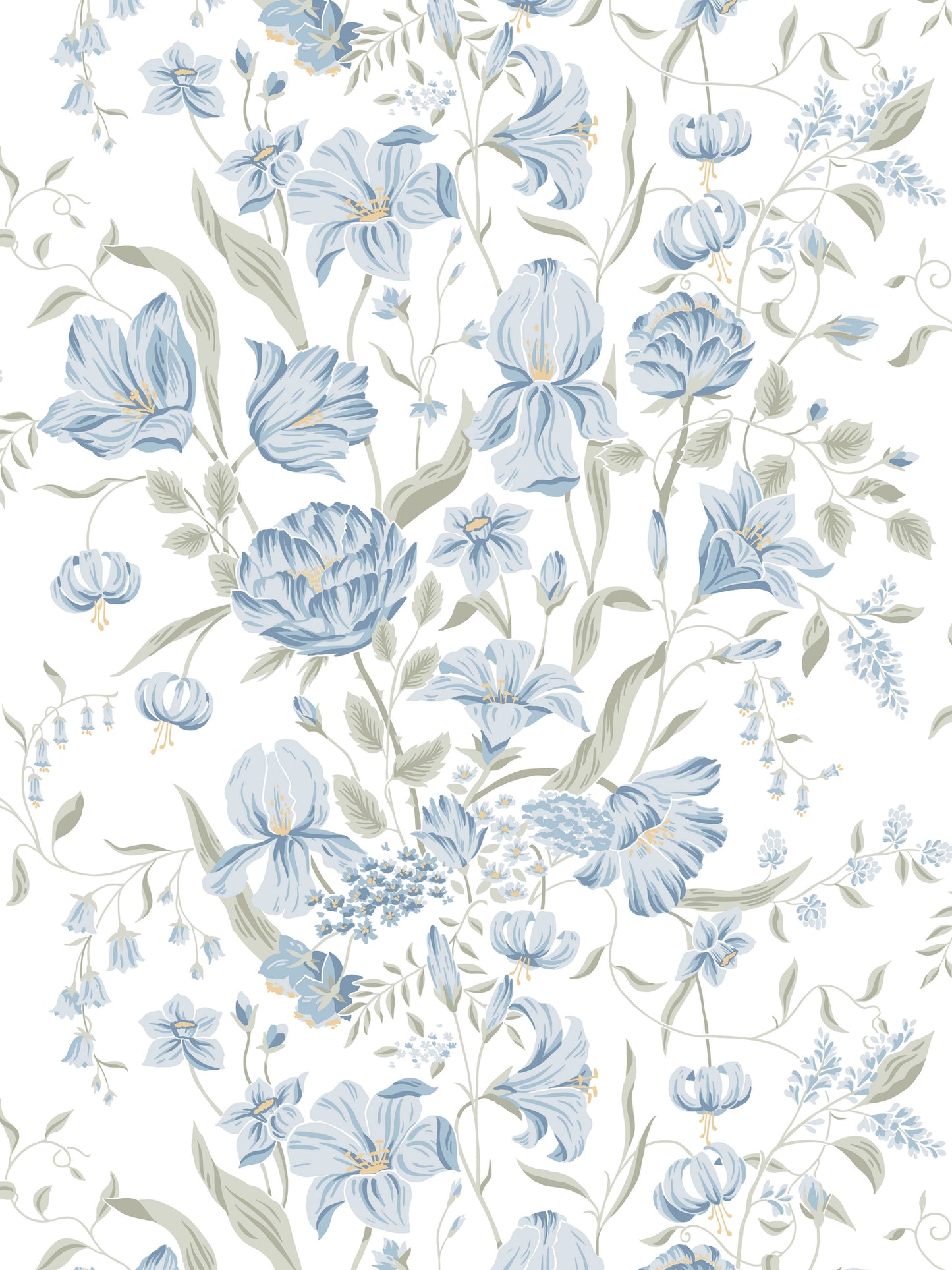 Watercolor blue floral pattern with pale beige-green leaves; vintage botanical wallpaper print.