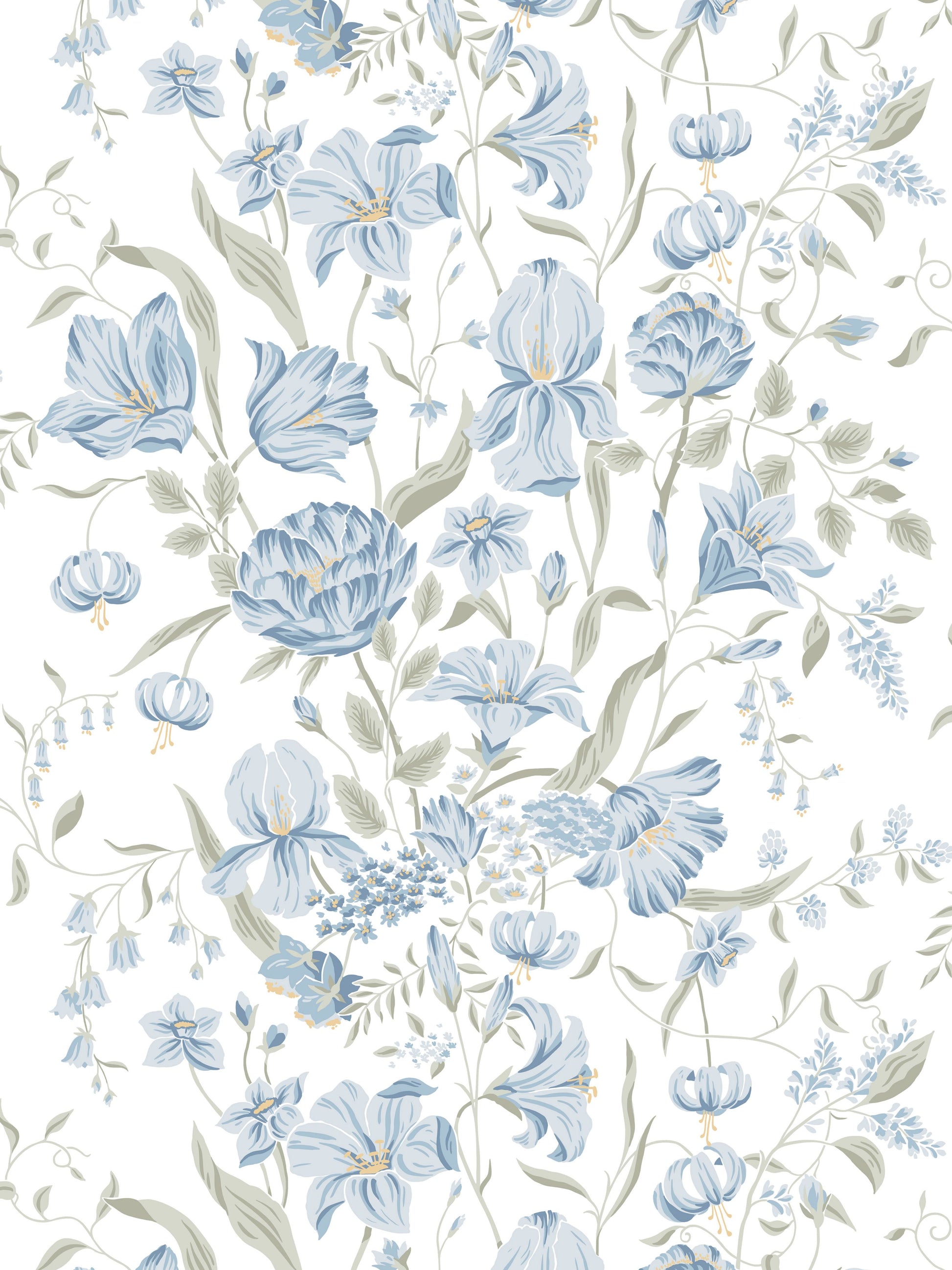 Watercolor blue floral pattern with pale beige-green leaves; vintage botanical wallpaper print.