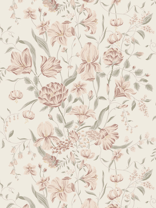Cream background floral wallpaper in soft pinks and sage greens with roses and leaves; vintage botanical pattern.
