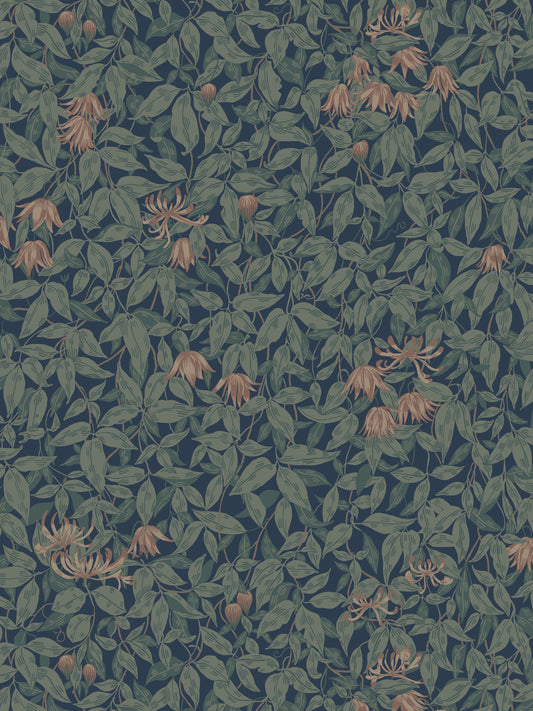 Midnight-blue background with dense green leaves and peach blossoms; botanical wallpaper.