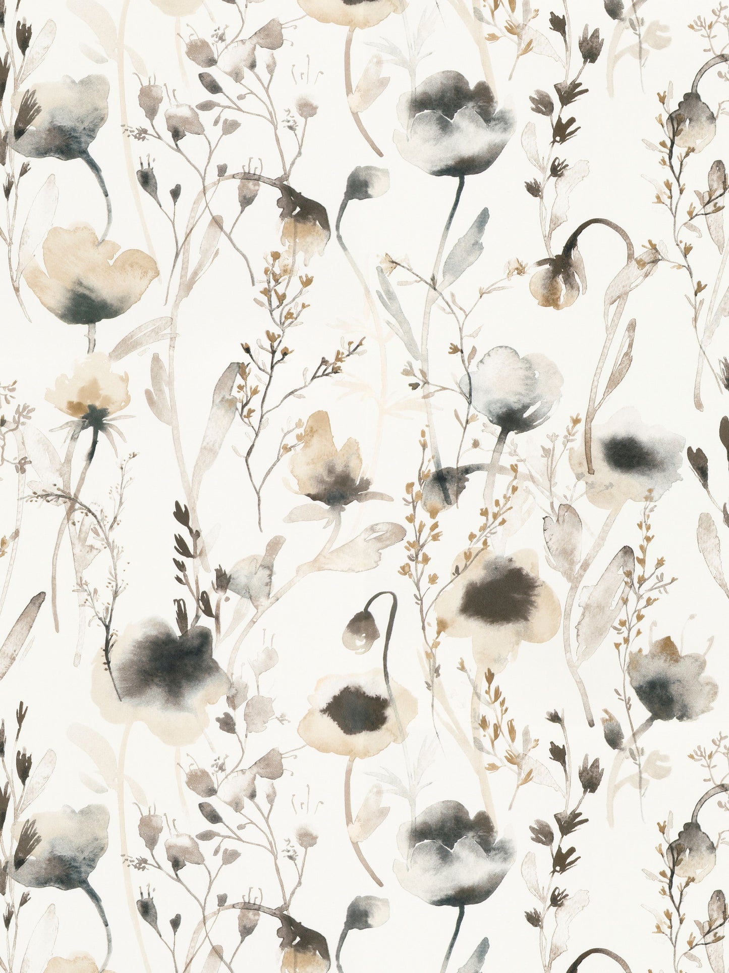 Watercolor botanical print in beige, gray and black with delicate stems on cream background; floral pattern for textiles.