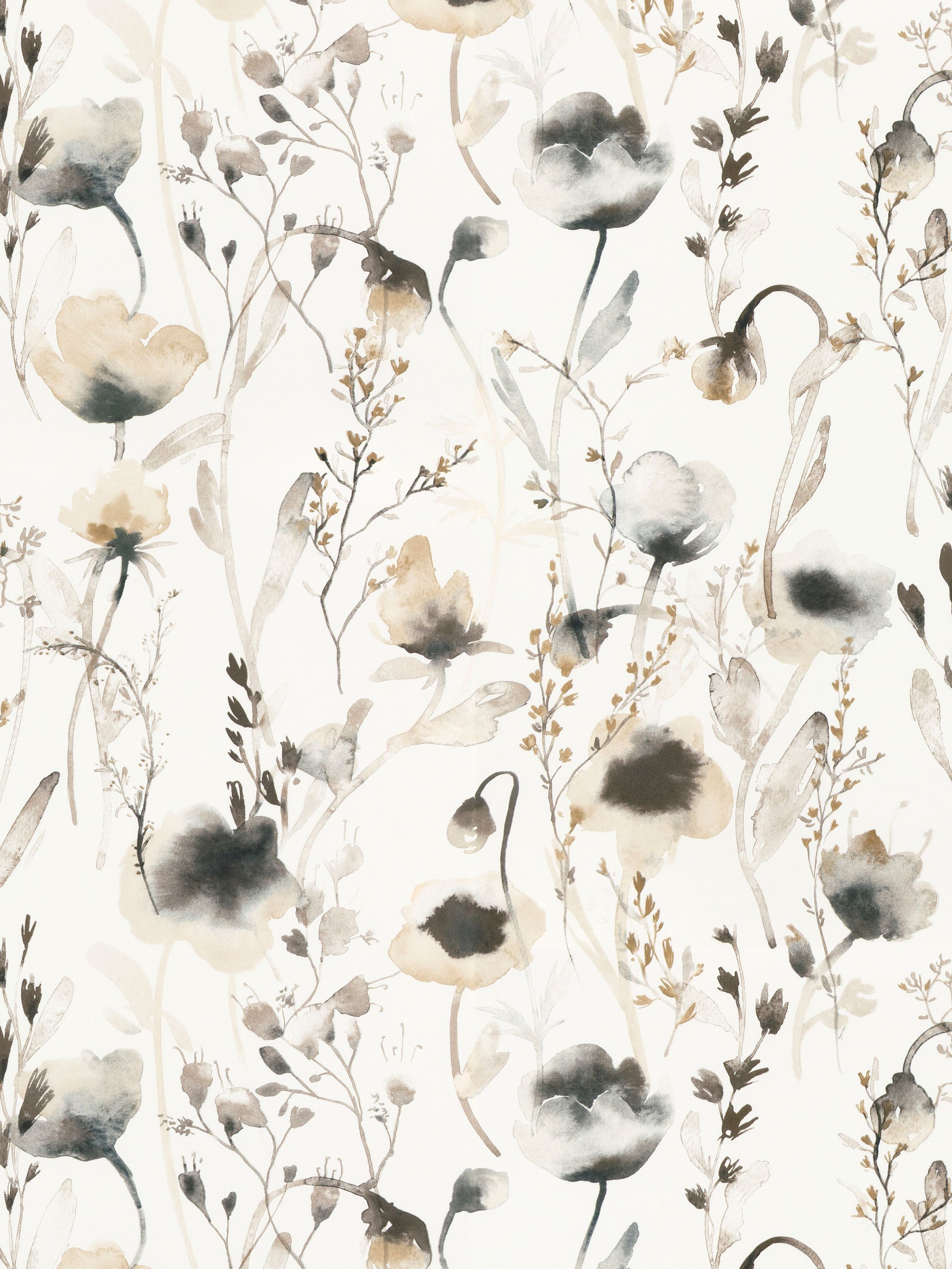 Watercolor botanical print in beige, gray and black with delicate stems on cream background; floral pattern for textiles.