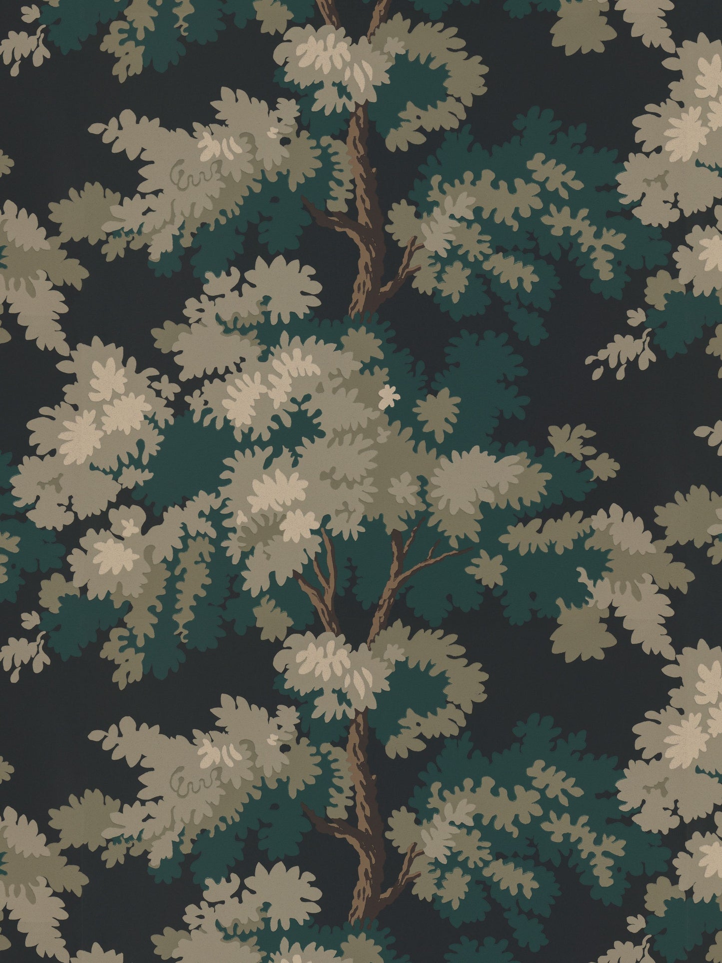 Dark teal wallpaper with cream beige botanical leaves and brown branches in a vintage floral pattern.