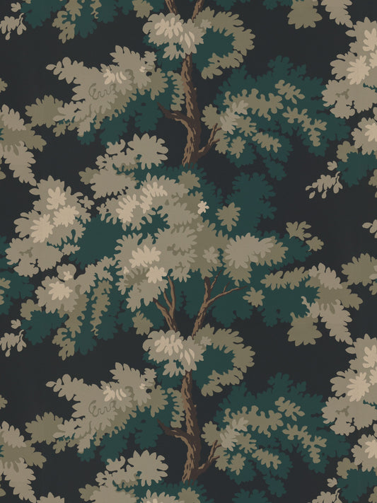 Dark teal wallpaper with cream beige botanical leaves and brown branches in a vintage floral pattern.