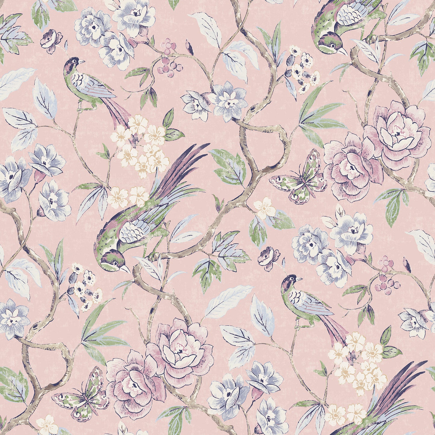 Pastel pink floral wallpaper with blue blossoms, green leaves, twisting branches, and colorful birds and butterflies.