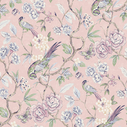 Pastel pink floral wallpaper with blue blossoms, green leaves, twisting branches, and colorful birds and butterflies.
