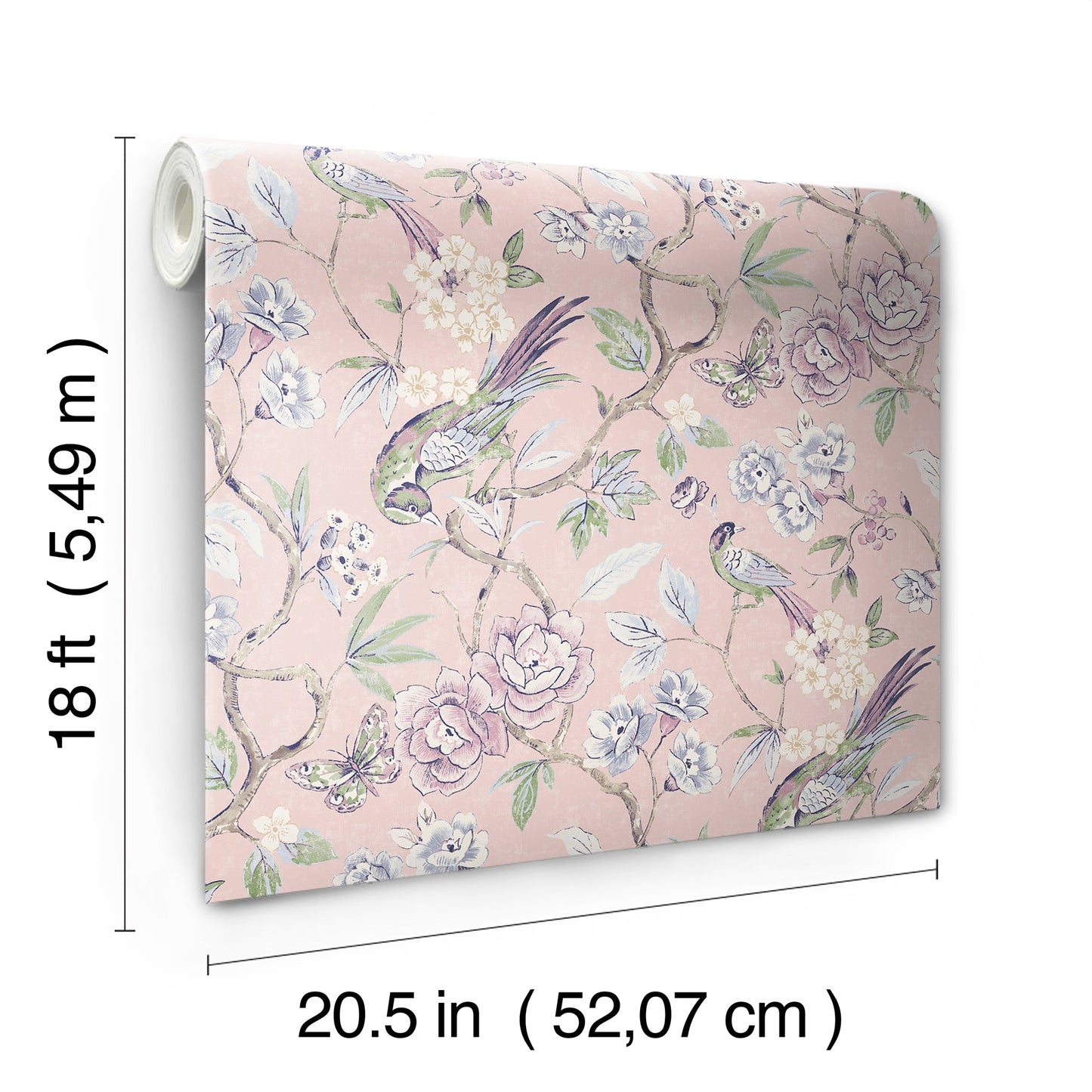 Pastel pink floral wallpaper roll with hummingbirds and vines; botanical pattern, 18 ft long by 20.5 in wide.