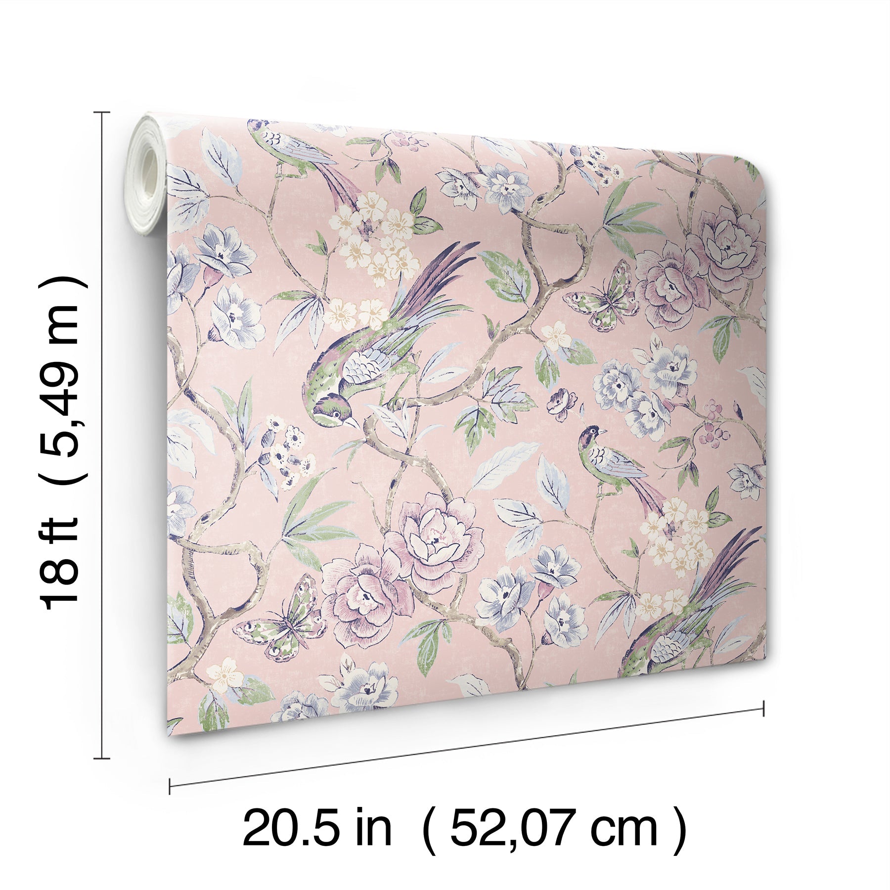 Pastel pink floral wallpaper roll with hummingbirds and vines; botanical pattern, 18 ft long by 20.5 in wide.