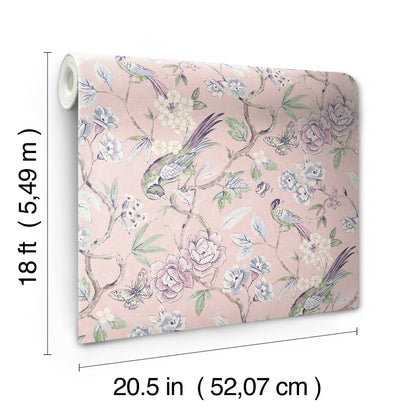 Pastel pink floral wallpaper roll with hummingbirds and vines; botanical pattern, 18 ft long by 20.5 in wide.