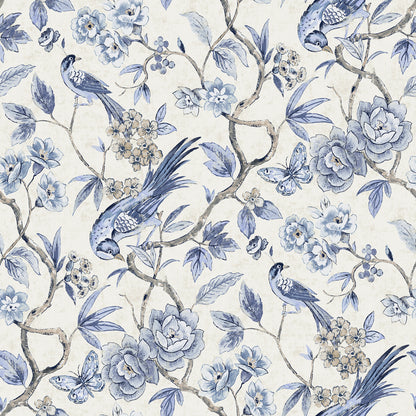Blue & cream floral wallpaper featuring perched birds, butterflies & twisting branches in toile-style watercolor.