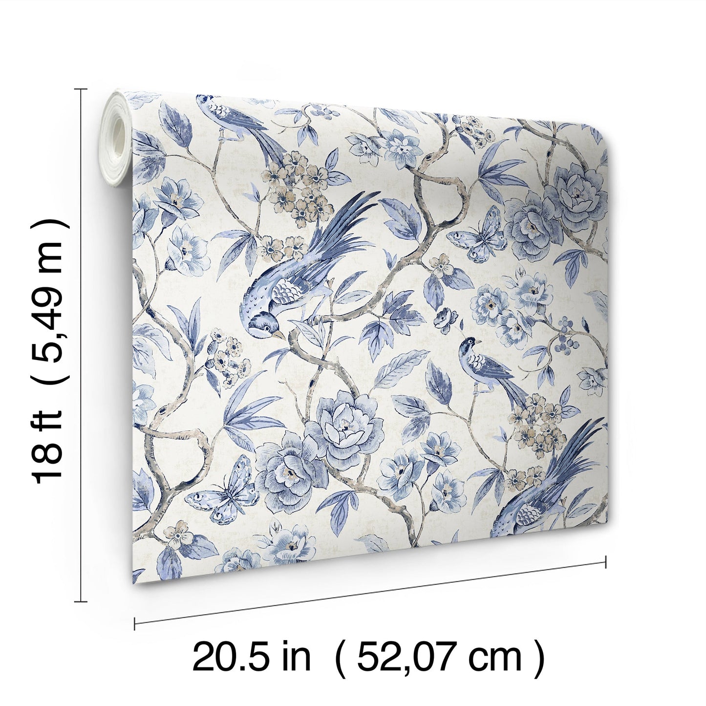 Blue floral wallpaper with birds on white background, roll; 18 ft long, 20.5 in wide.