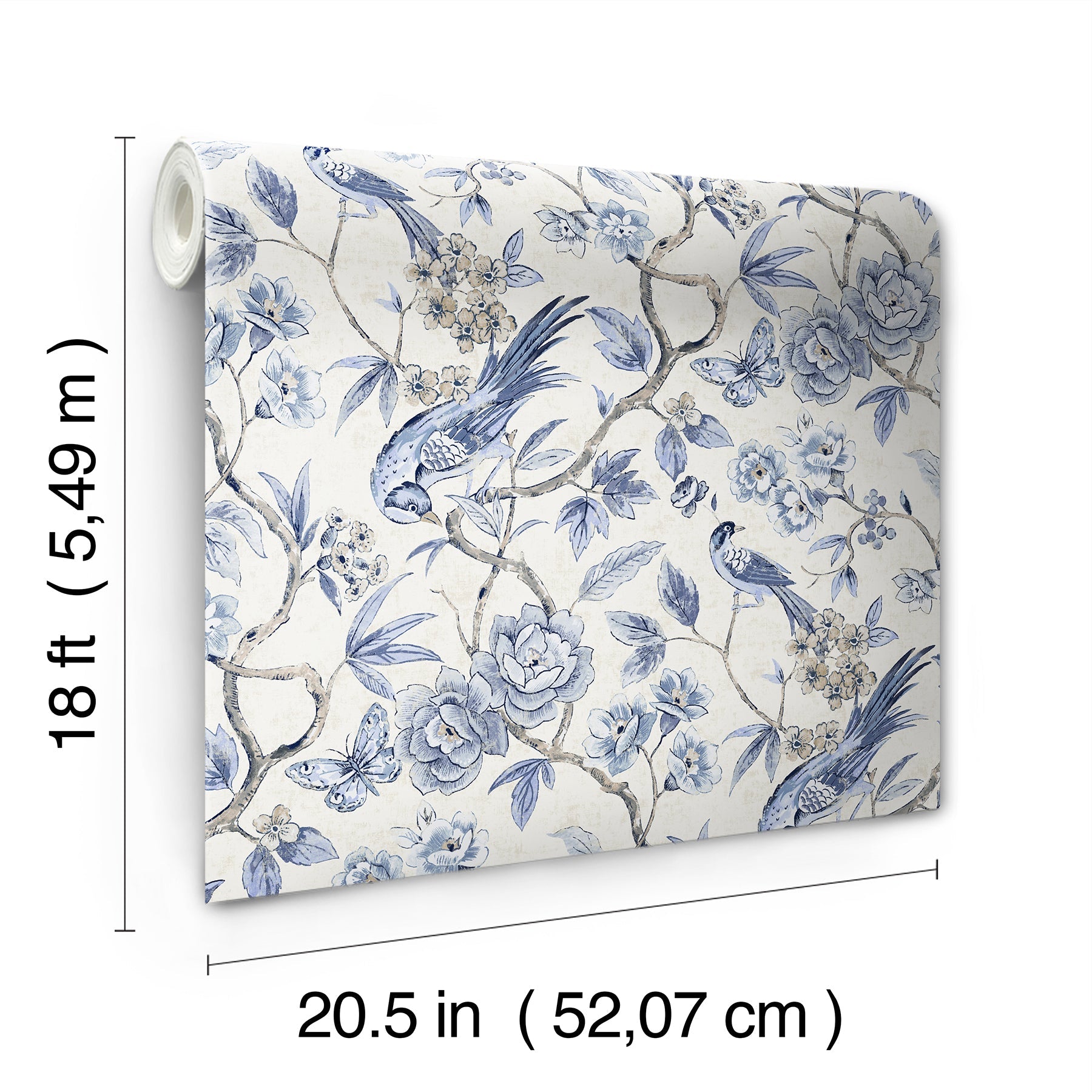 Blue floral wallpaper with birds on white background, roll; 18 ft long, 20.5 in wide.