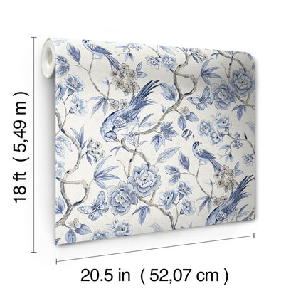 Blue floral wallpaper with birds on white background, roll; 18 ft long, 20.5 in wide.