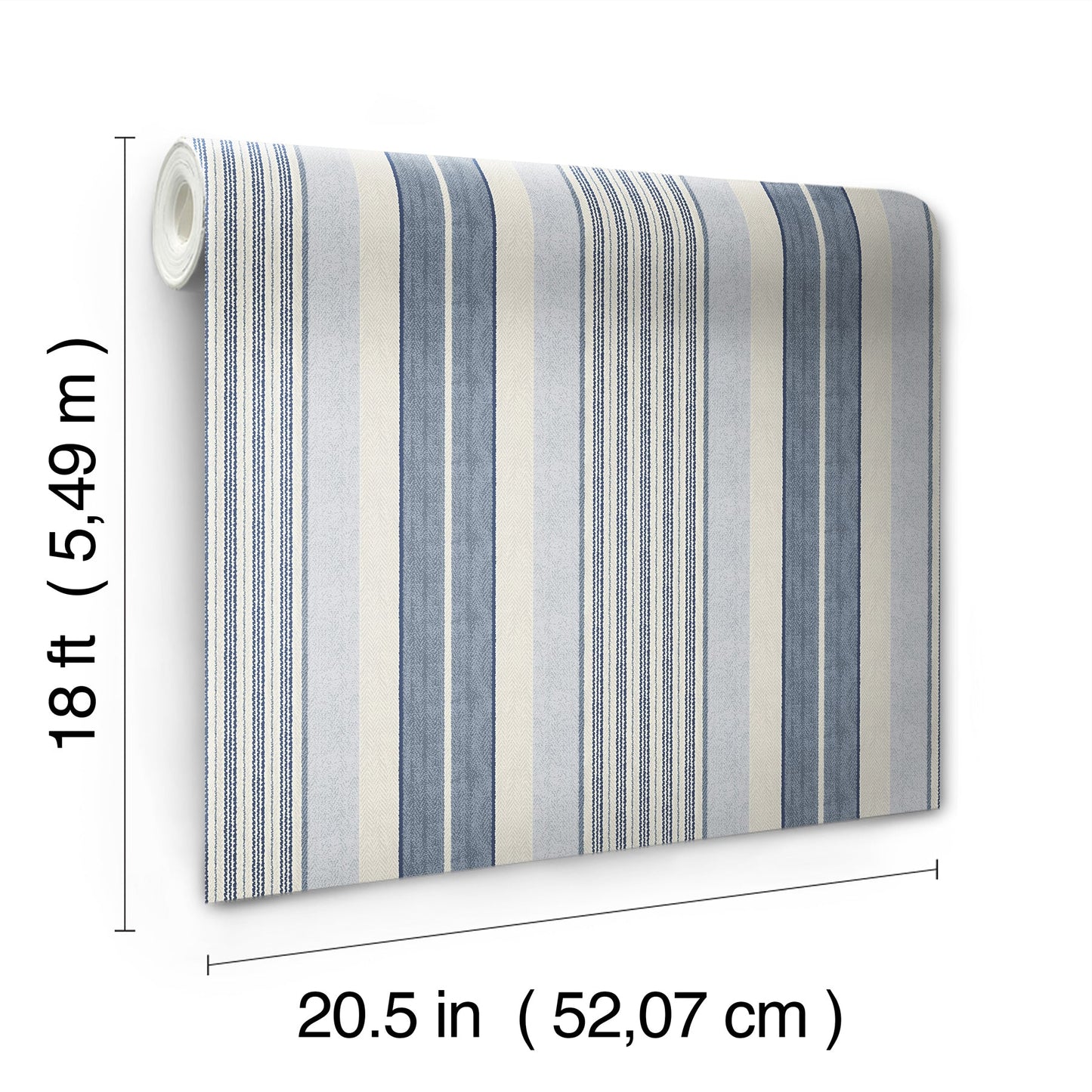 Blue and white striped wallpaper roll, 18 ft long by 20.5 in wide, vertical wallcovering for modern interiors.