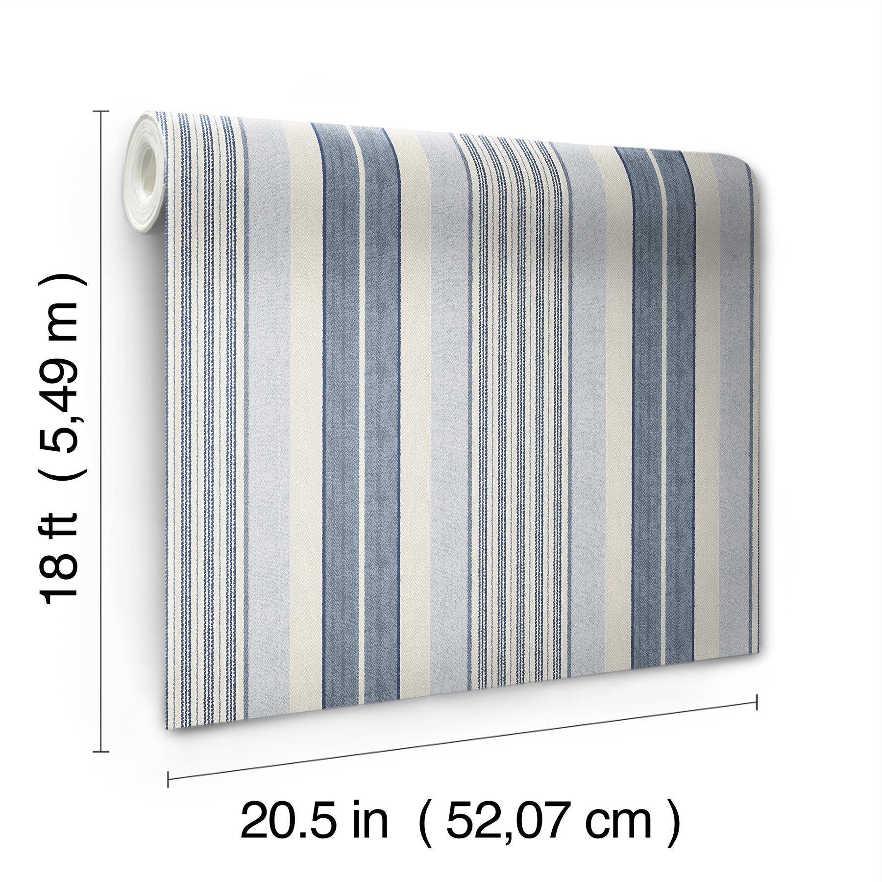 Blue and white striped wallpaper roll, 18 ft long by 20.5 in wide, vertical wallcovering for modern interiors.