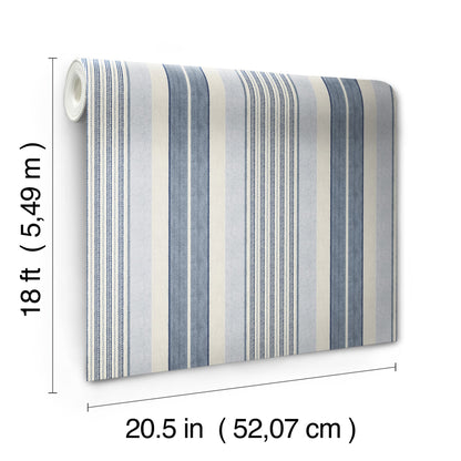 Blue and white striped wallpaper roll, 18 ft long by 20.5 in wide, vertical wallcovering for modern interiors.