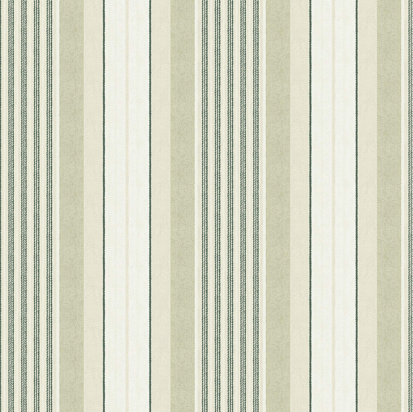 Vertical beige, ivory and olive stripes with dark green accents on wallpaper.