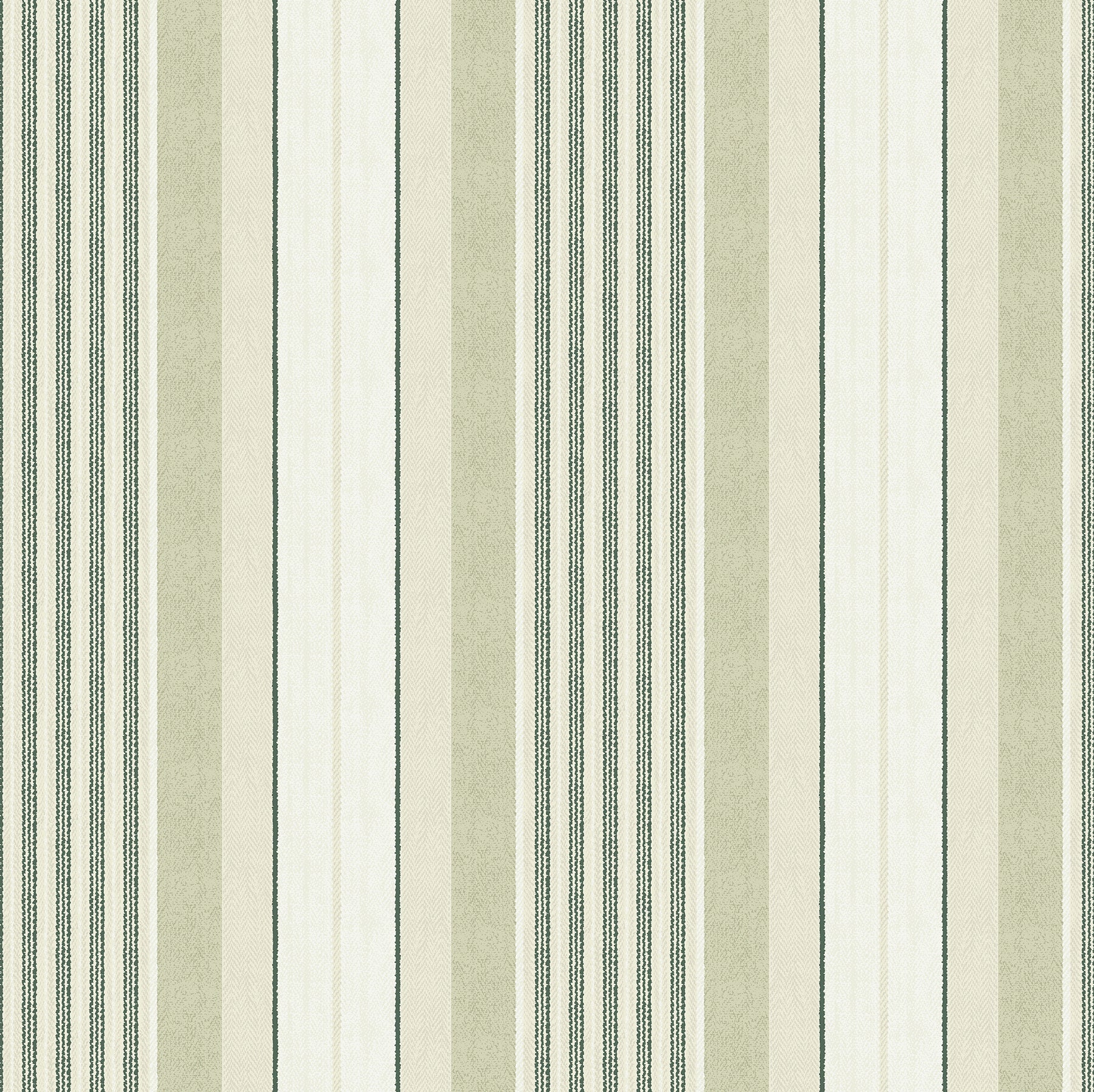 Vertical beige, ivory and olive stripes with dark green accents on wallpaper.