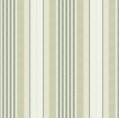 Vertical beige, ivory and olive stripes with dark green accents on wallpaper.