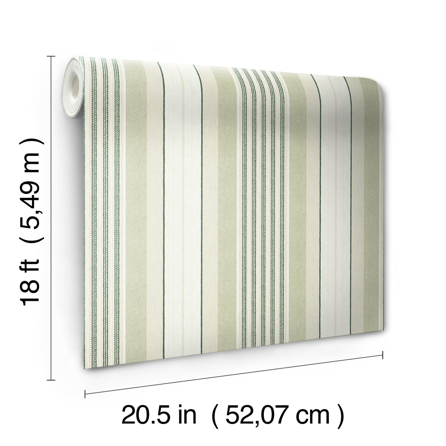 Peel-and-stick wallpaper roll with beige, white and green vertical stripes; 20.5 in wide x 18 ft long for walls.