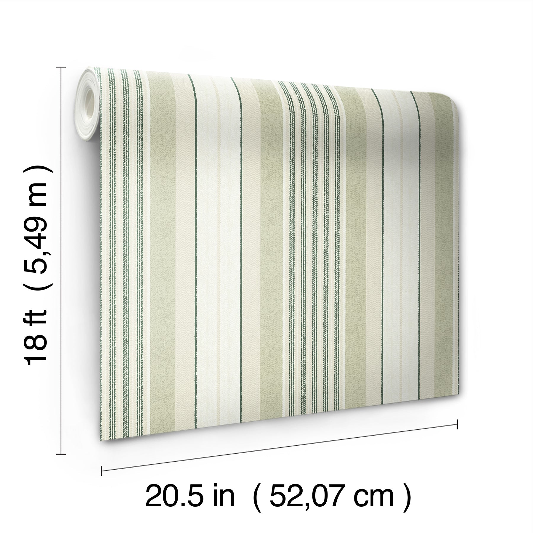 Peel-and-stick wallpaper roll with beige, white and green vertical stripes; 20.5 in wide x 18 ft long for walls.