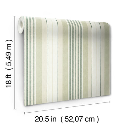 Peel-and-stick wallpaper roll with beige, white and green vertical stripes; 20.5 in wide x 18 ft long for walls.