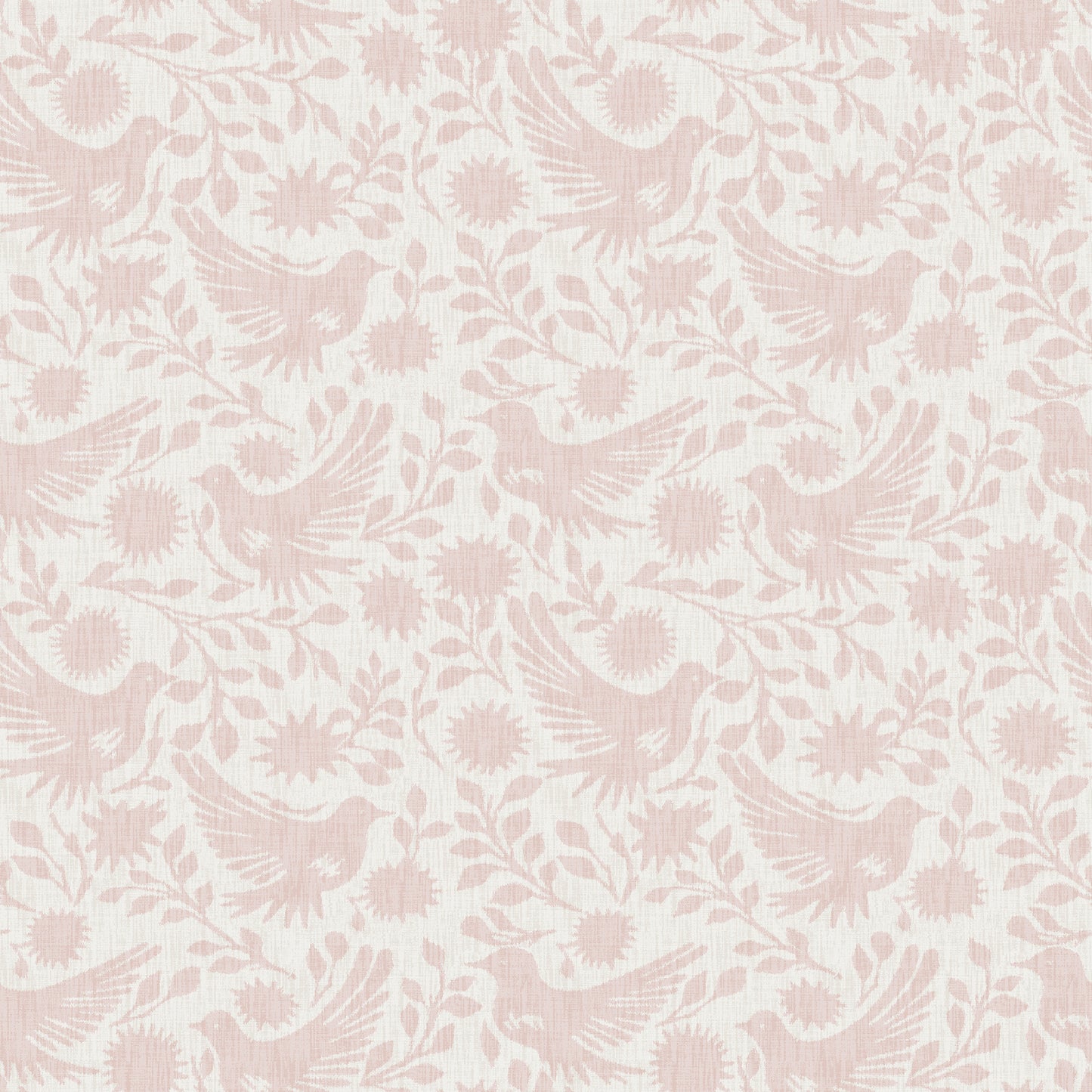 Blush pink birds and floral damask pattern on cream background; repeating decorative textile/wallpaper motif.