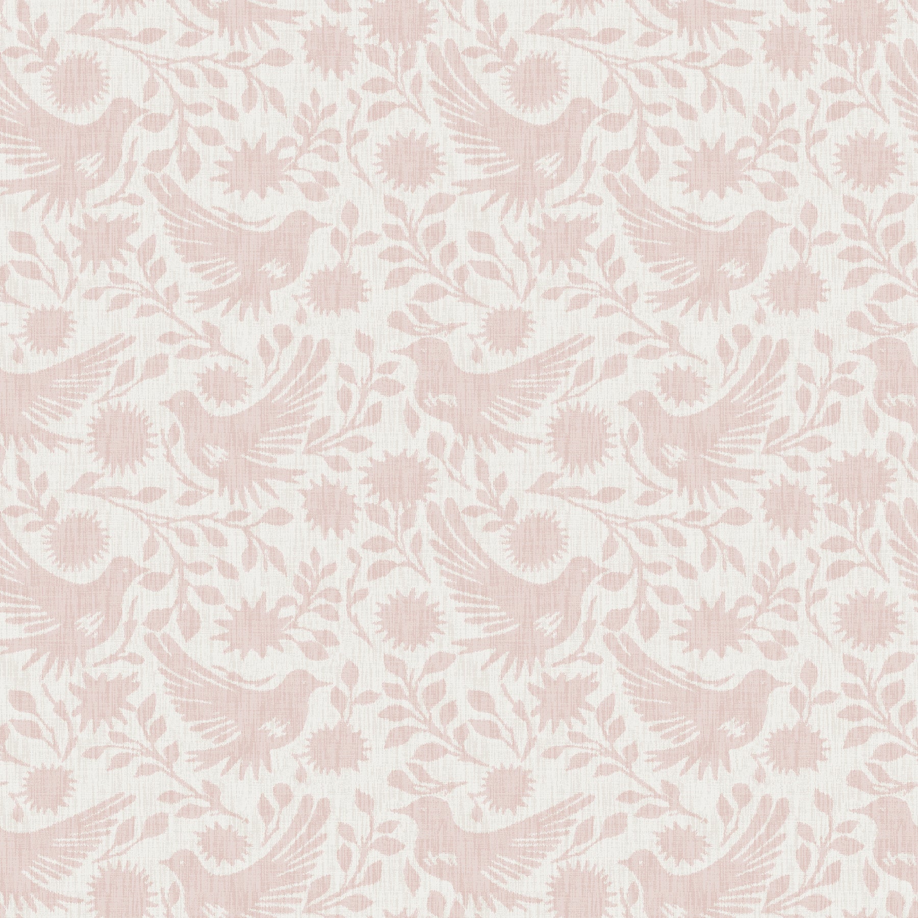 Blush pink birds and floral damask pattern on cream background; repeating decorative textile/wallpaper motif.