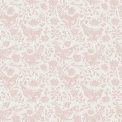 Blush pink birds and floral damask pattern on cream background; repeating decorative textile/wallpaper motif.