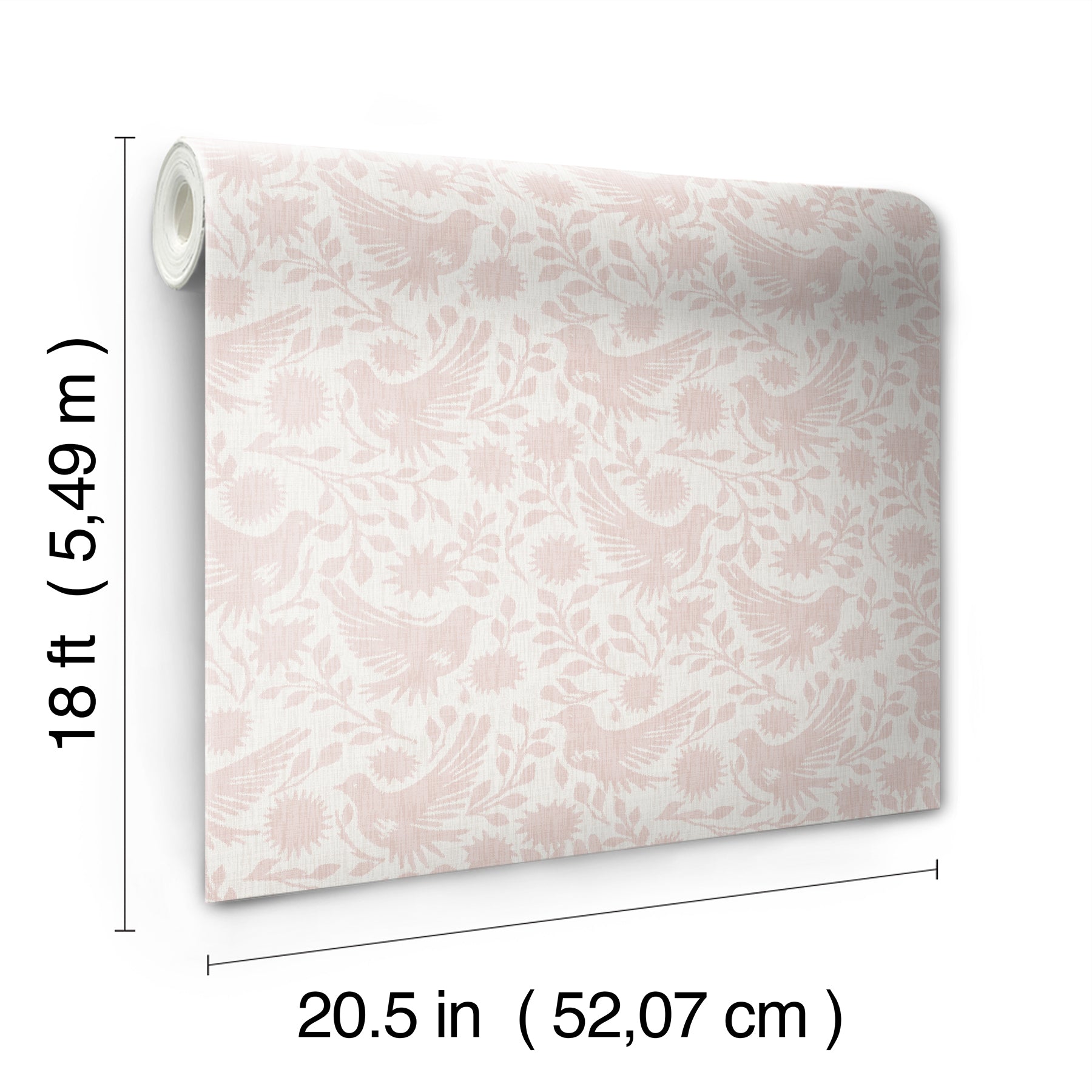 Peel-and-stick pink wallpaper roll with winged animal pattern on white background; width about 20.5 in and length about 18 ft.