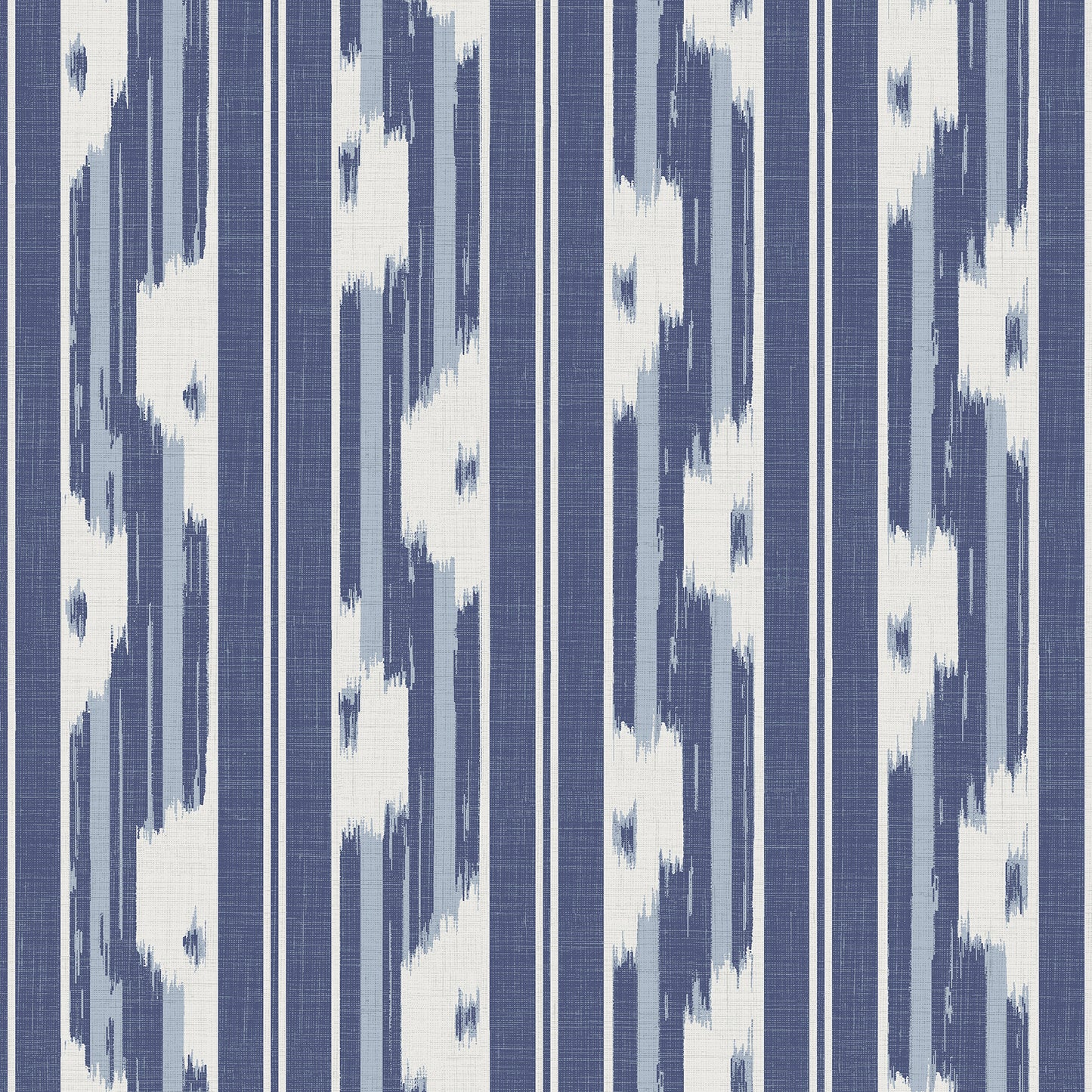 Navy blue and white ikat striped wallpaper design with vertical blue stripes and white zigzag blocks; peel-and-stick wallpaper for walls.
