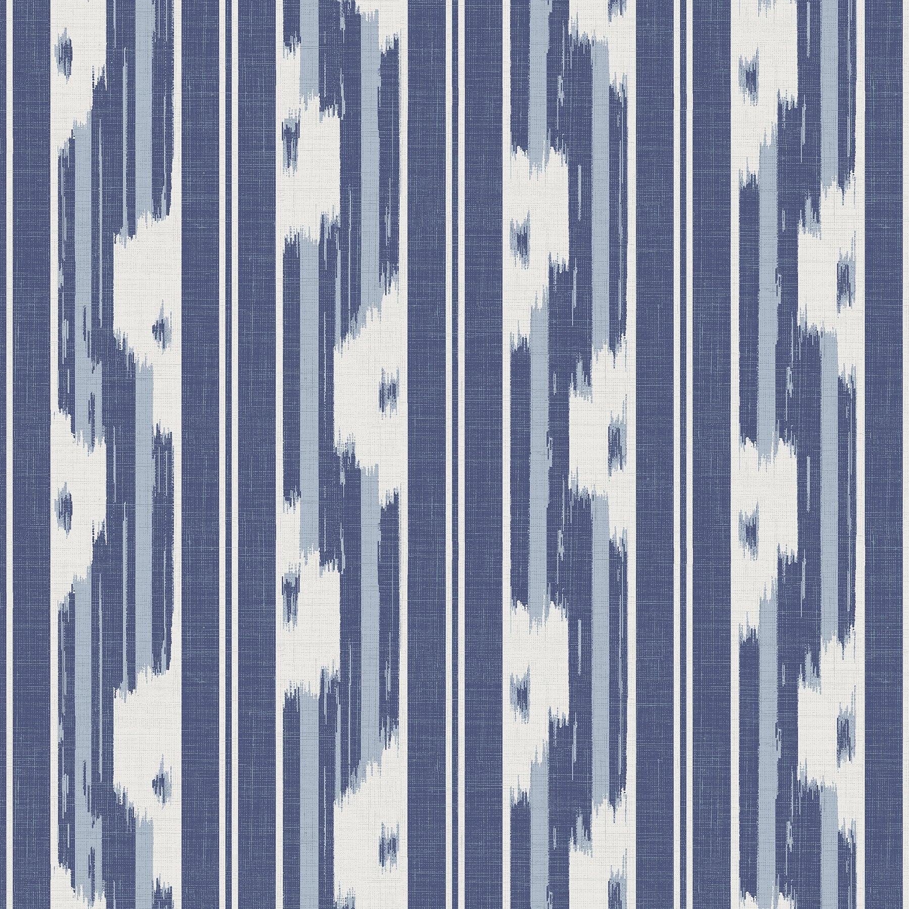 Navy blue and white ikat striped wallpaper design with vertical blue stripes and white zigzag blocks; peel-and-stick wallpaper for walls.