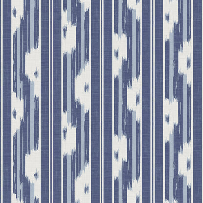 Navy blue and white ikat striped wallpaper design with vertical blue stripes and white zigzag blocks; peel-and-stick wallpaper for walls.