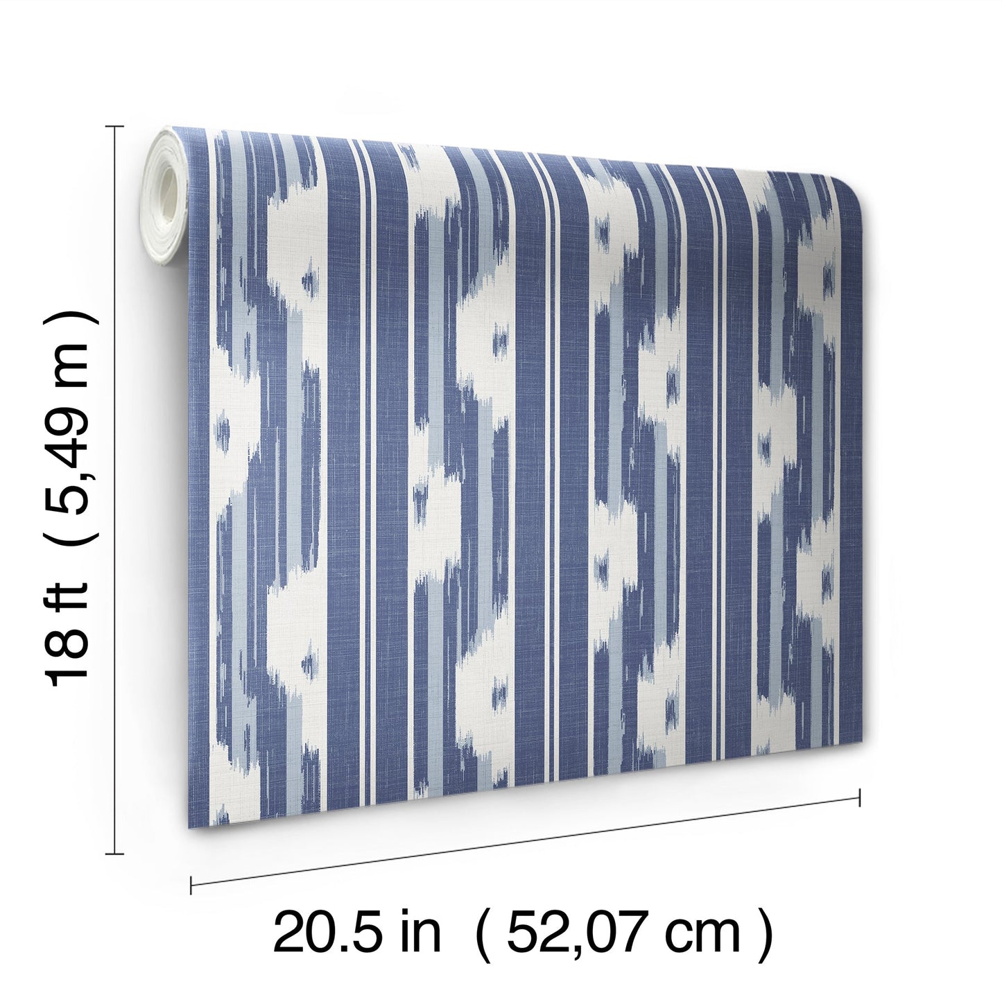 Roll of blue & white ikat striped wallpaper, 20.5 in wide by 18 ft long, mounted with visible core.