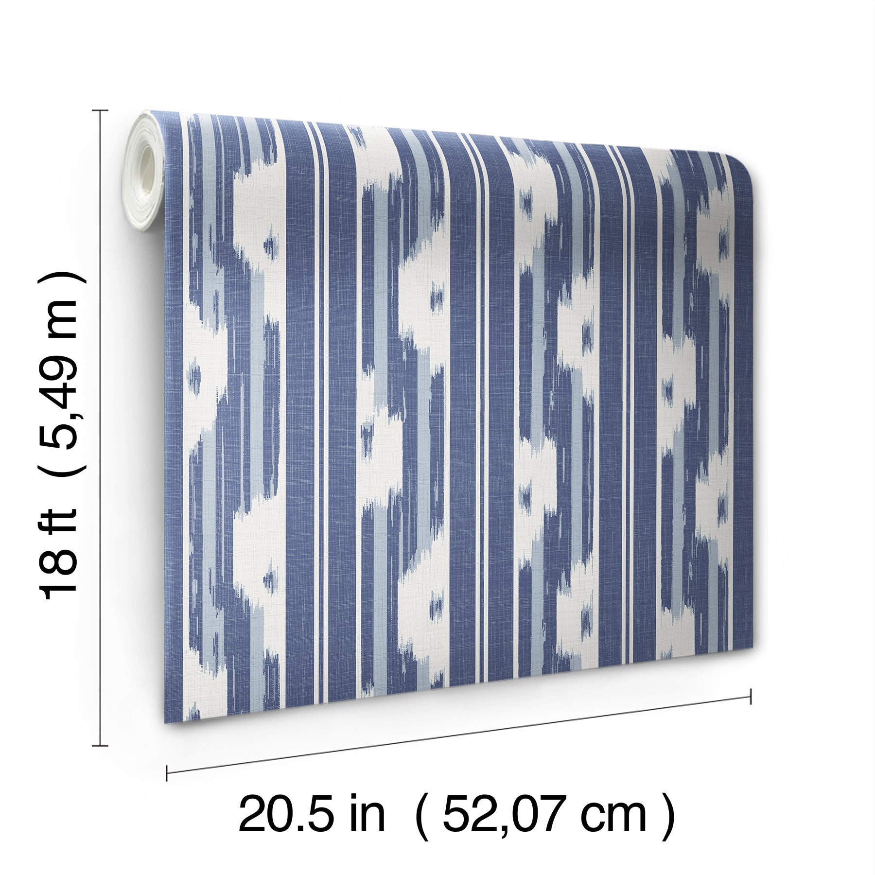 Roll of blue & white ikat striped wallpaper, 20.5 in wide by 18 ft long, mounted with visible core.