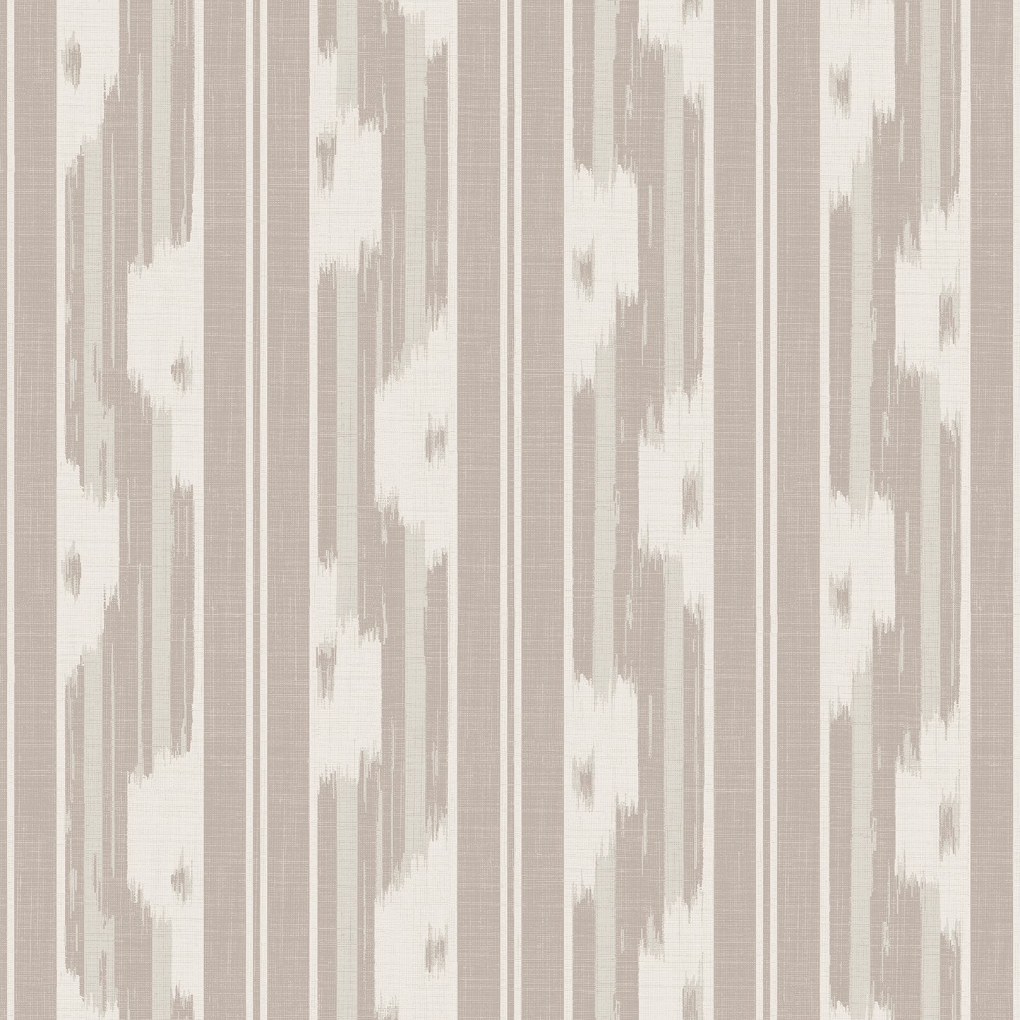 Taupe wallpaper with vertical stripes and soft ikat motifs for a classic modern look.