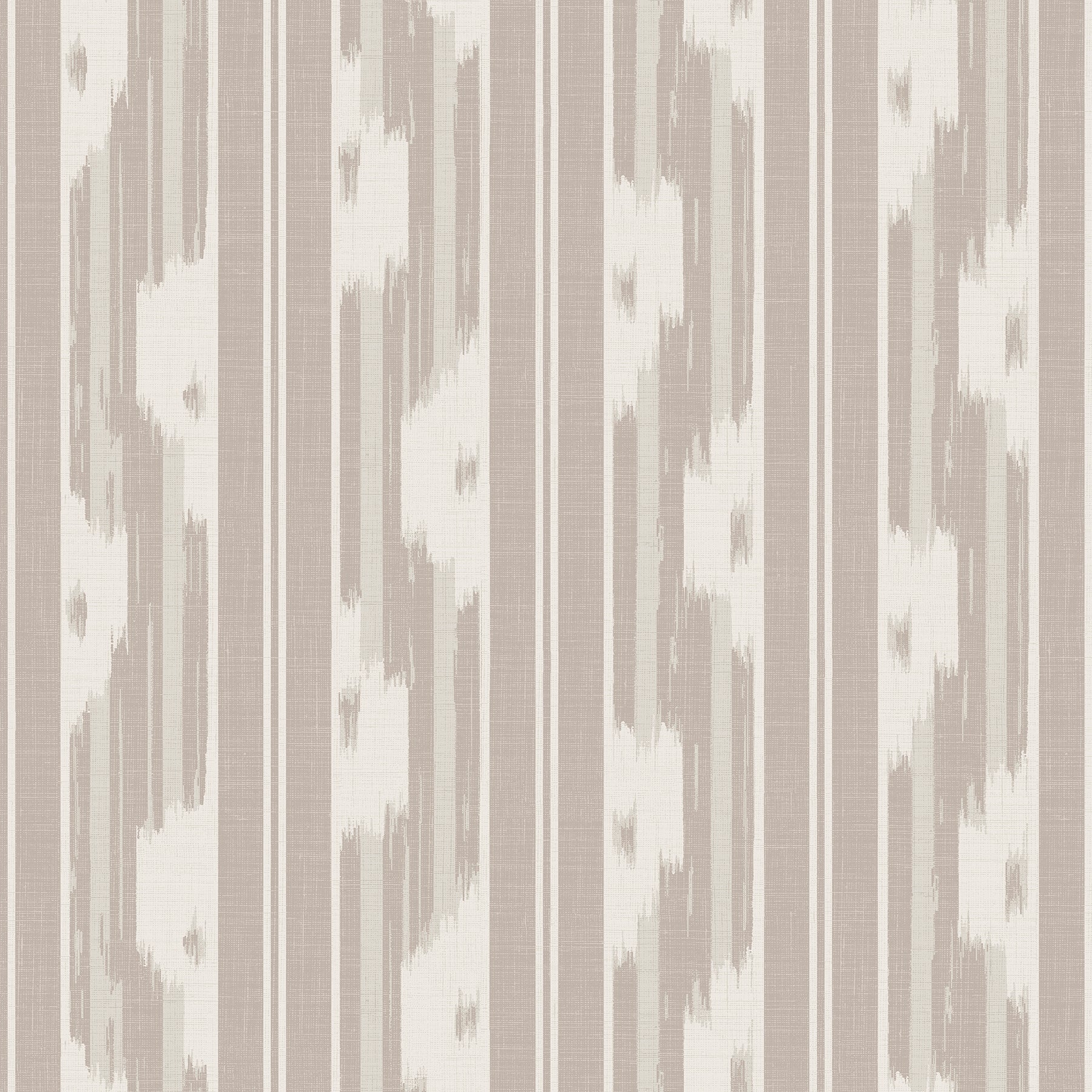 Taupe wallpaper with vertical stripes and soft ikat motifs for a classic modern look.