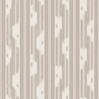 Taupe wallpaper with vertical stripes and soft ikat motifs for a classic modern look.