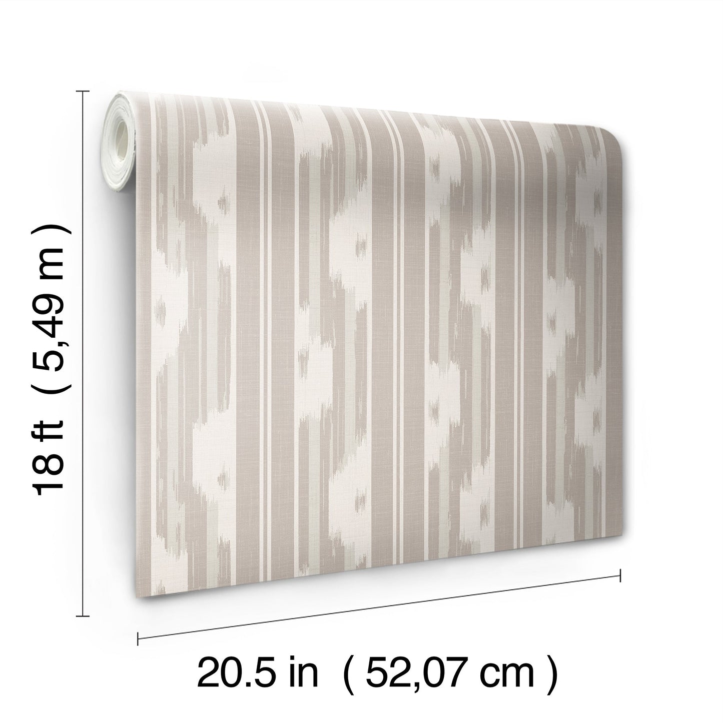 Beige & cream ikat-striped wallpaper roll; rolled at one end, 18 ft long & 20.5 in wide.
