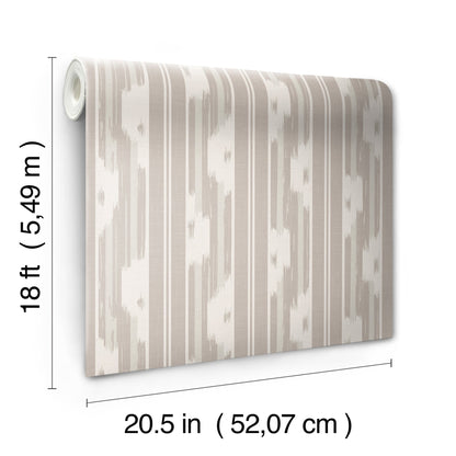 Beige & cream ikat-striped wallpaper roll; rolled at one end, 18 ft long & 20.5 in wide.