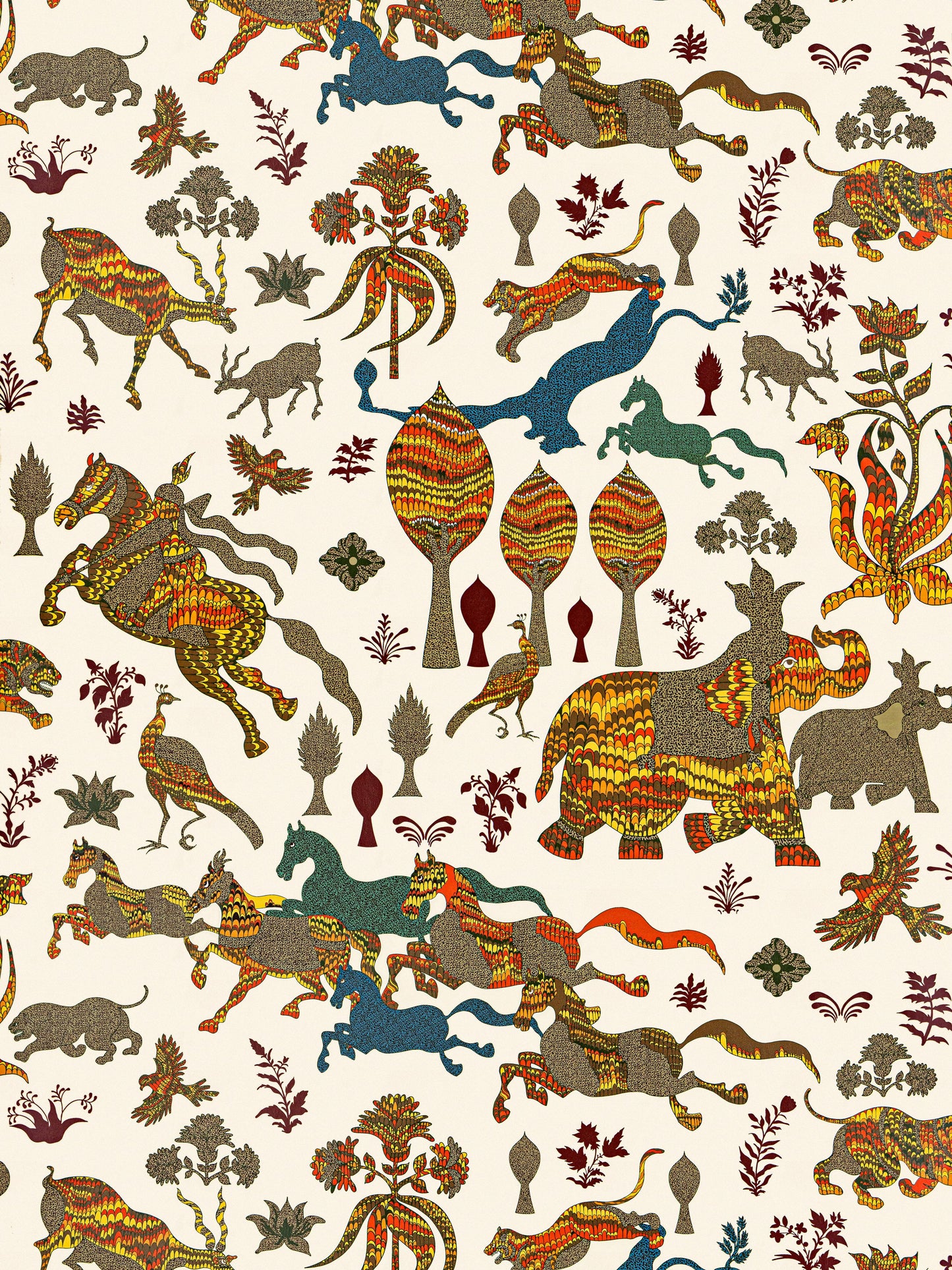 Colorful wallpaper print with stylized birds, animals & floral motifs on cream background; vintage tapestry style, autumn.