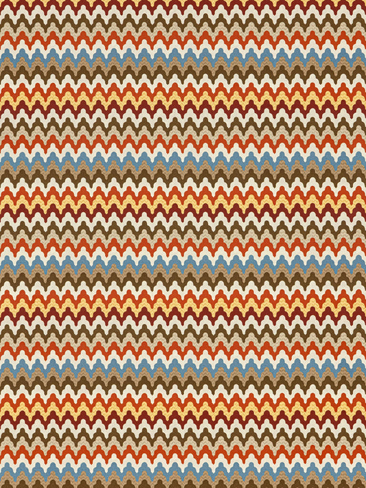 Multicolor chevron pattern with repeating scalloped arches on wallpaper in orange, brown, cream, blue and red.