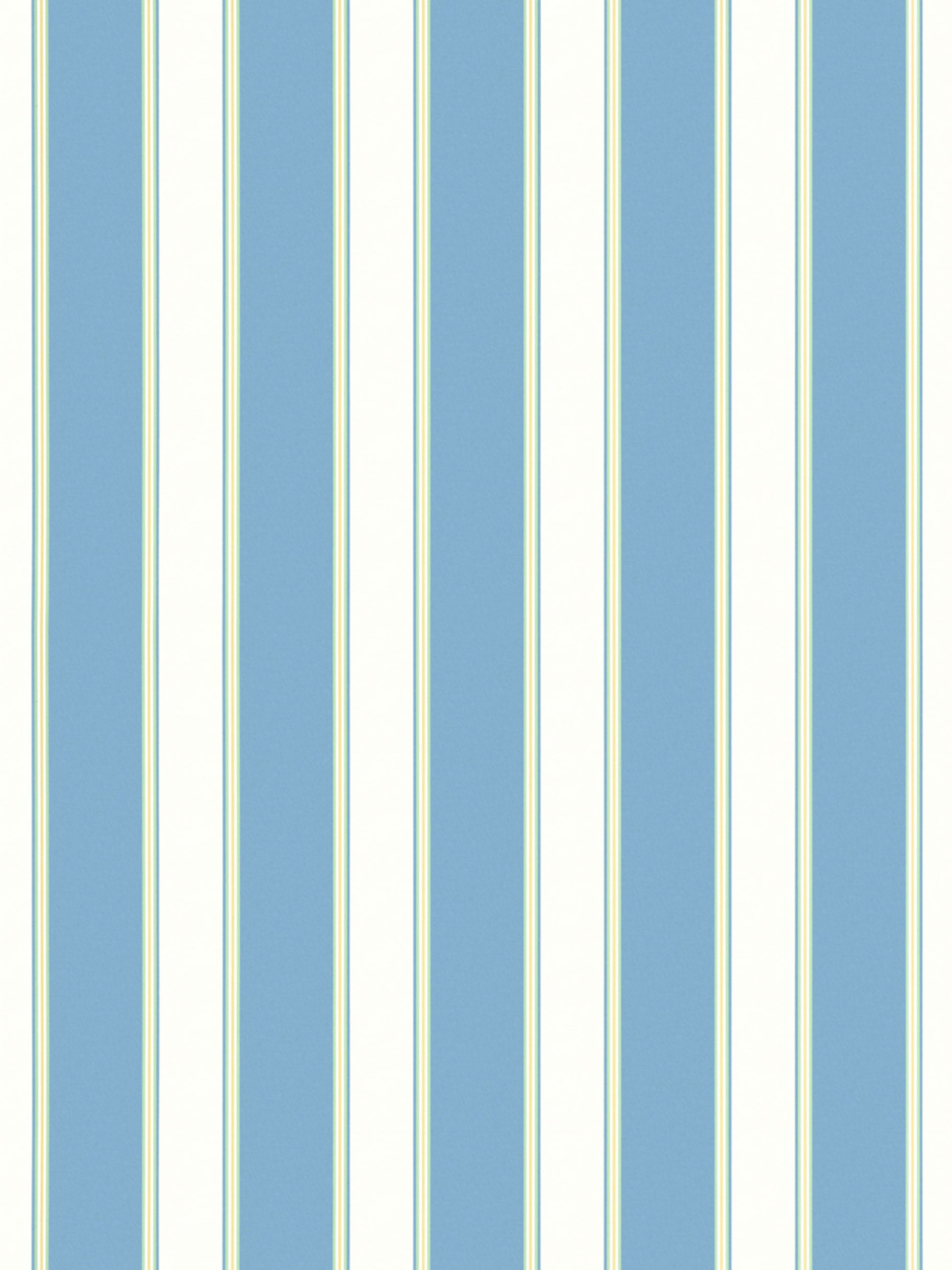 Vertical blue and cream striped wallpaper with pale yellow accents; alternating wide and narrow bands.