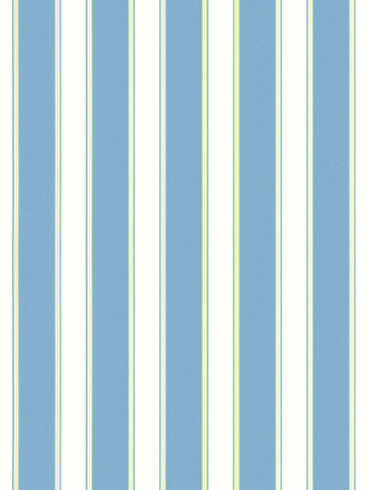 Vertical blue and cream striped wallpaper with pale yellow accents; alternating wide and narrow bands.