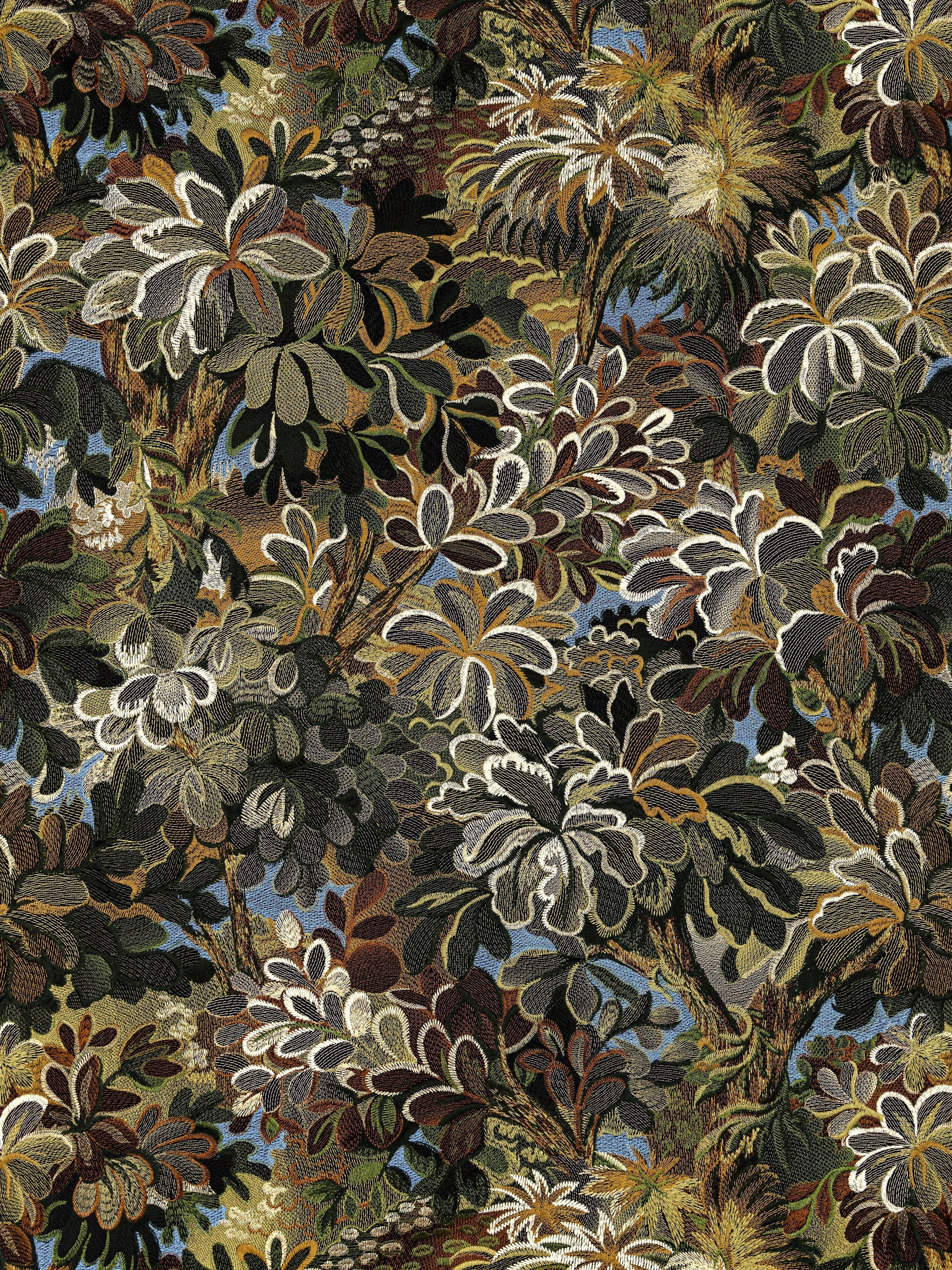 Dense, tapestry-style botanical pattern with overlapping tropical leaves in greens, browns and muted blues.