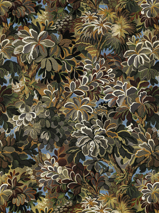 Dense, tapestry-style botanical pattern with overlapping tropical leaves in greens, browns and muted blues.