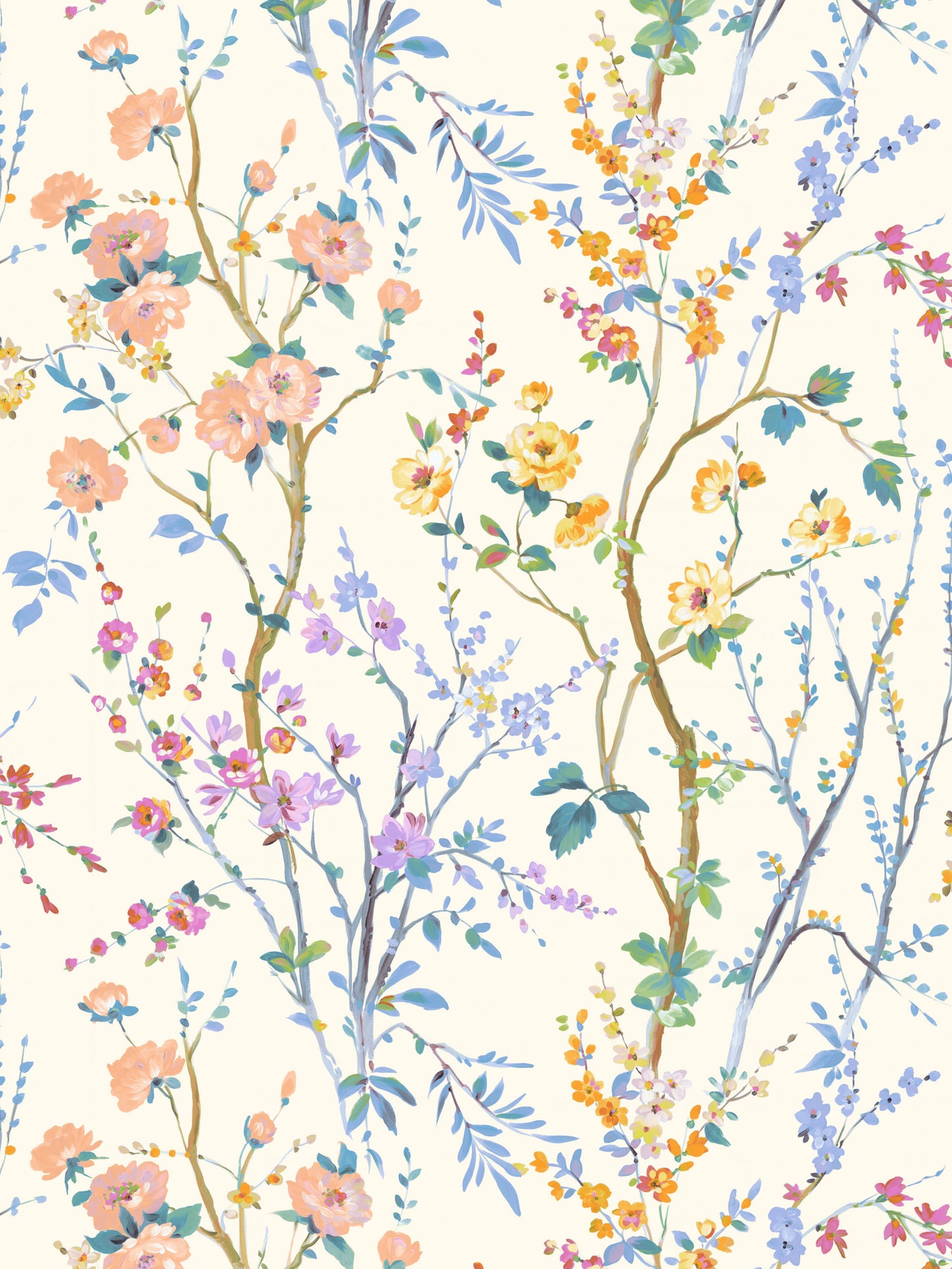 Pastel watercolor floral wallpaper with pink, peach, yellow and lavender blossoms and green vines on cream background.